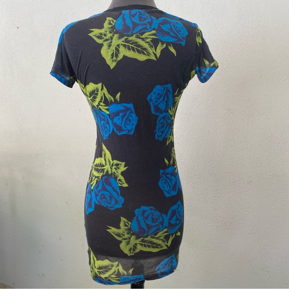 Y2K BETSEY JOHNSON NAVY GREEN FLORAL SHORT SLEEVE TUNIC TOP ONE SIZE COMFORT - Picture 4 of 7